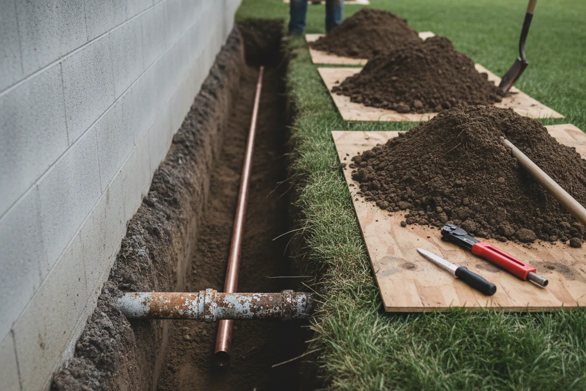 Excavated water line trench during Water Softener Installation in Mounds